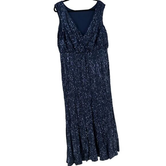 Davids Bridal Sequin Maxi Dress Navy Blue Size 1X Blouson Sleeveless Boat Neck - Picture 10 of 16